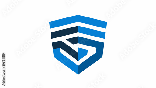 Blue geometric shield icon with striped diagonal lines.