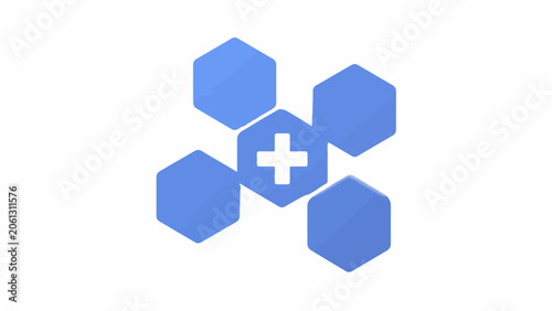 Blue hexagonal cluster logo with central medical cross.