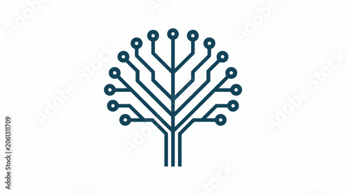 Blue line art tree symbol with integrated circuit design.