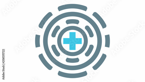 Blue medical cross with concentric dashed circles.