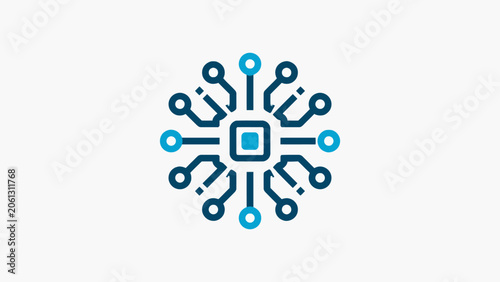 Blue microchip circuit board radial tech icon.