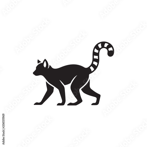 A black silhouette of a ring-tailed lemur walking, isolated on a white background, of a primate with a striped tail pattern