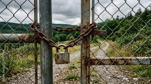 Rusty chain link gate with padlock in rural landscape