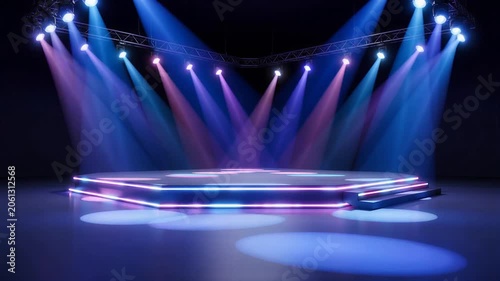 Electrifying polygonal stage illuminated by vibrant magenta and blue spotlights with glowing neon contours, creating a dynamic backdrop for virtual events, ideal for digital advertising.
