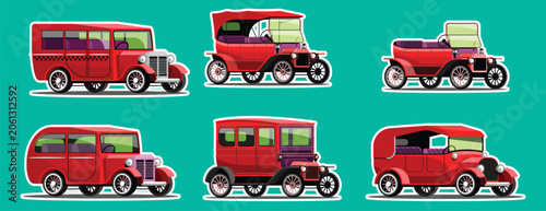 Photos Vintage red automobile collection featuring classic buses, wagons and early motorcars