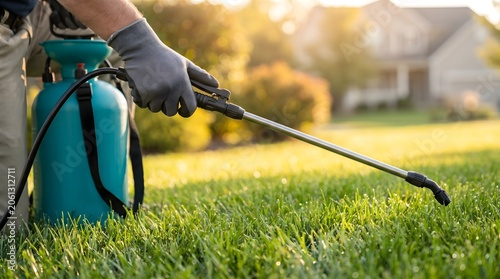 Person wearing protective work gloves uses a pressurized metal sprayer to apply liquid treatment on a vibrant green residential lawn