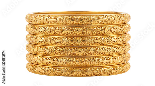 Foto Traditional Indian gold bangles with intricate filigree, stack of seven ornate g