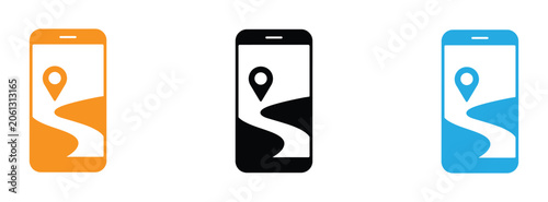 Three colorful mobile phone icons displaying a map and location pin, symbolizing navigation and GPS technology.