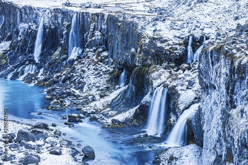 Hrauneyjarfoss waterfalls, onset of winter, Sudurland, Iceland