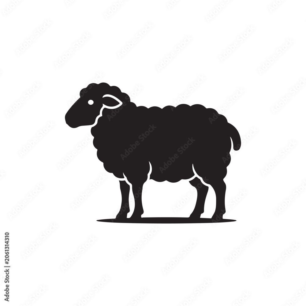 Obraz premium Black silhouette of a sheep standing on a ground line, side profile view, isolated on a white background, farm animal