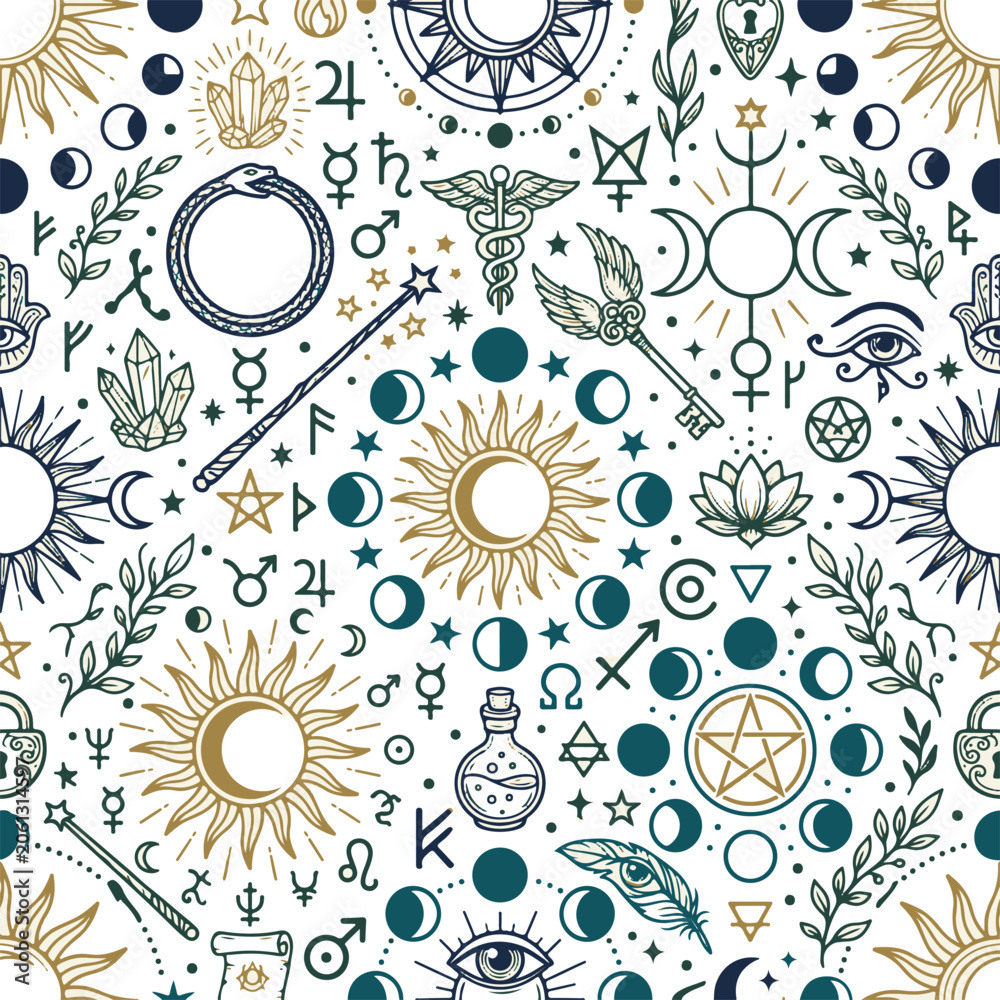 Fototapeta premium Esoteric Symbols and Celestial Elements Pattern for Mystical Designs