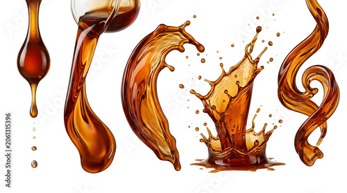 Set of realistic liquid coffee or tea splashes and drops isolated on transparent background
