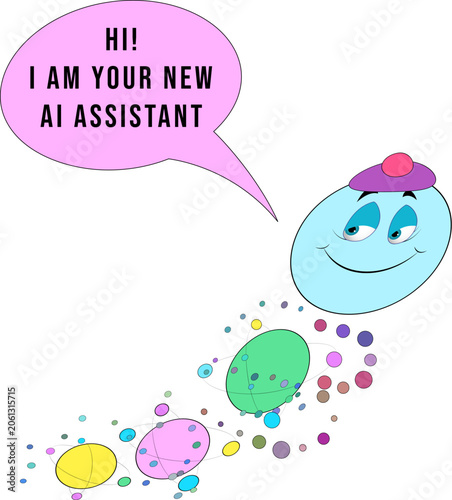 Cute AI assistant character with speech bubble and abstract orbiting data elements. Chatbot mascot vector illustration isolated on white background, technology and artificial intelligence concept.