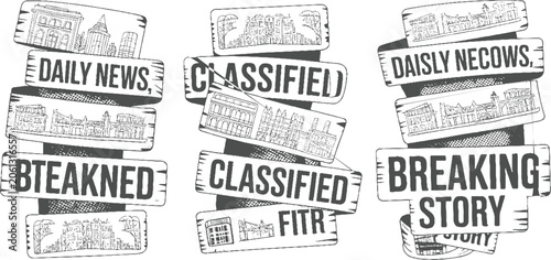 Stacked wooden signs with cityscapes and news headlines daily news classified breaking story
