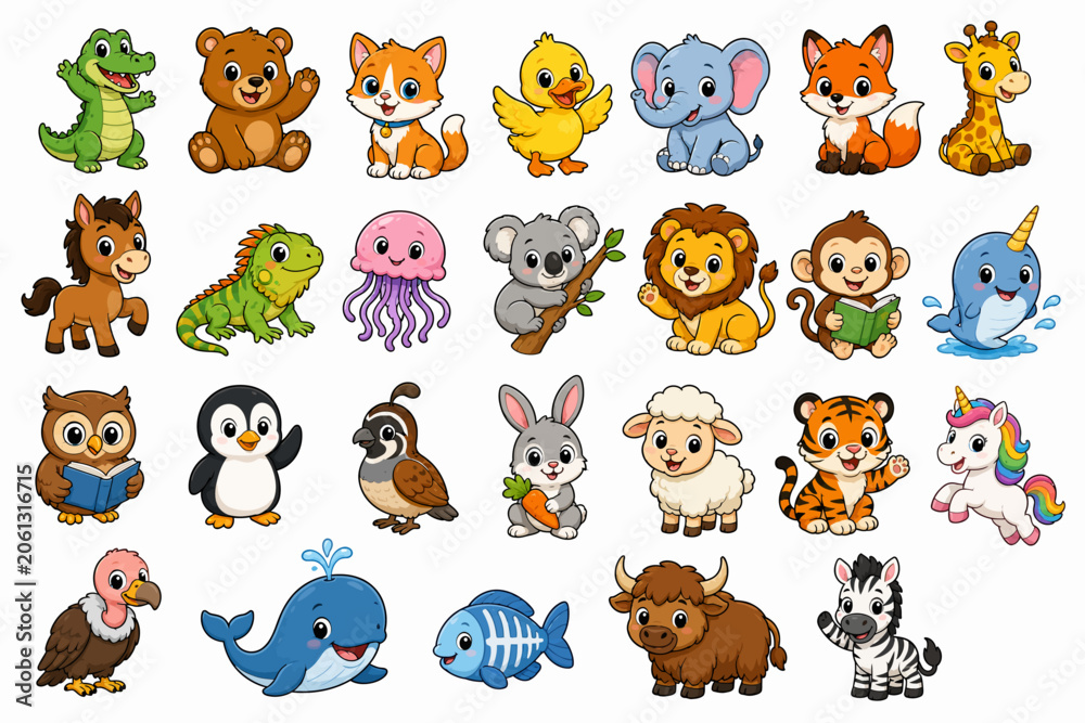 Obraz premium Collection of Cute Cartoon Animal Characters in Various Poses.
