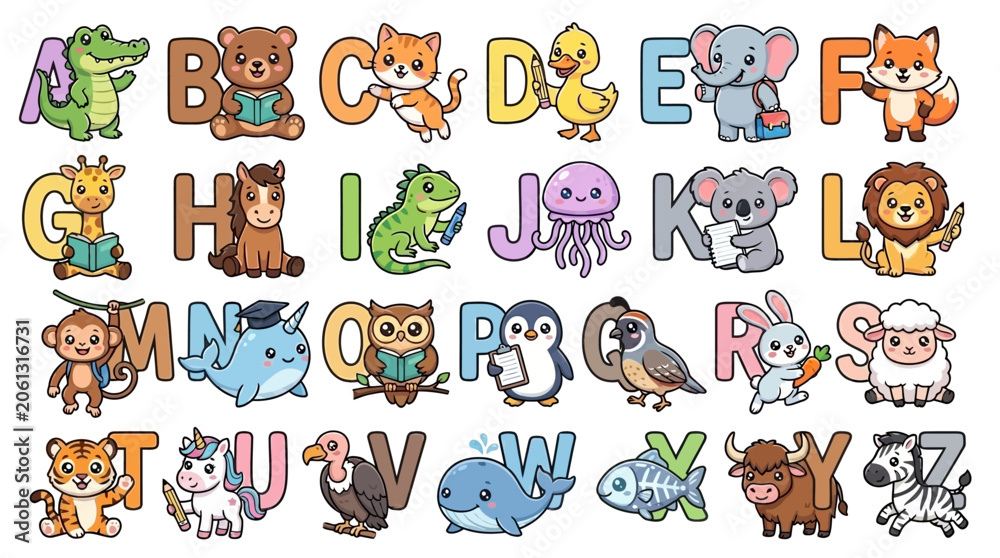 Fototapeta premium Colorful Cartoon Animal Alphabet Characters for Kids.