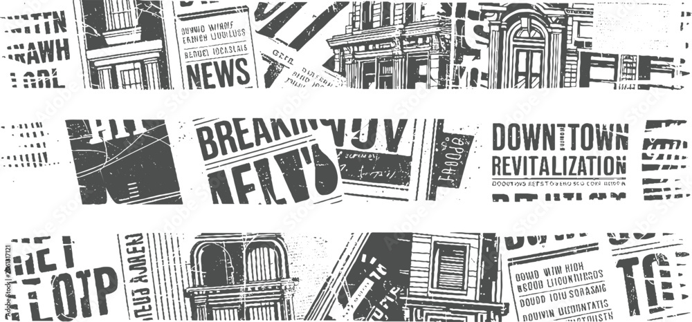 Naklejka premium Collage of vintage newspaper clippings and architectural in grayscale text lettering