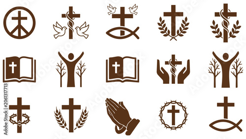 Canvastavla Christian Religion Icon Set with Crosses and Biblical Symbols for Faith, Worship