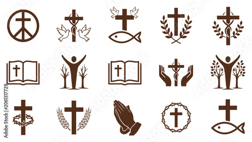 Konstfotografi Christian Religion Icon Set with Crosses and Biblical Symbols for Faith, Worship