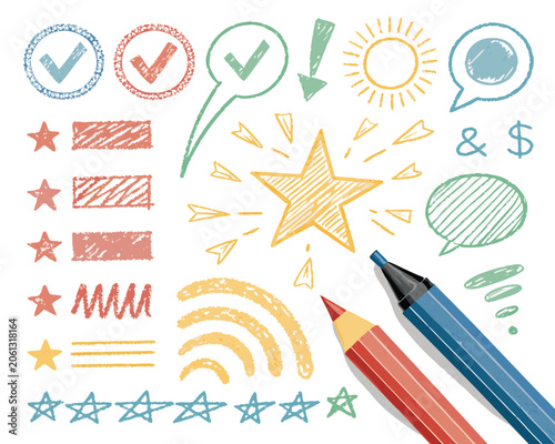 Obraz na płótnie Colorful doodle illustration with various icons and symbols including a pencil s