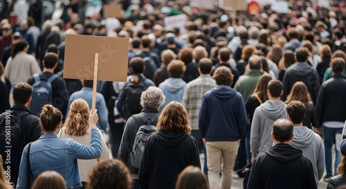 Large crowd of diverse people walking together in a peaceful public protest while holding a blank brown cardboard sign aloft