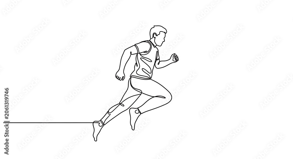 Fototapeta premium Continuous line drawing of a man running in athletic motion on a plain white background