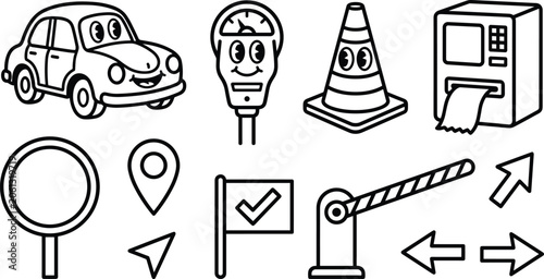 Fotografía City parking traffic navigation element doodle set cartoon car cone ticket barri