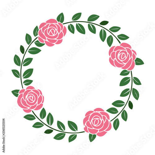 Pink rose and green leaf circular wreath illustration