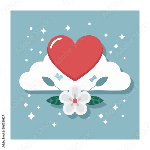 Red heart with cloud and flower in flat design