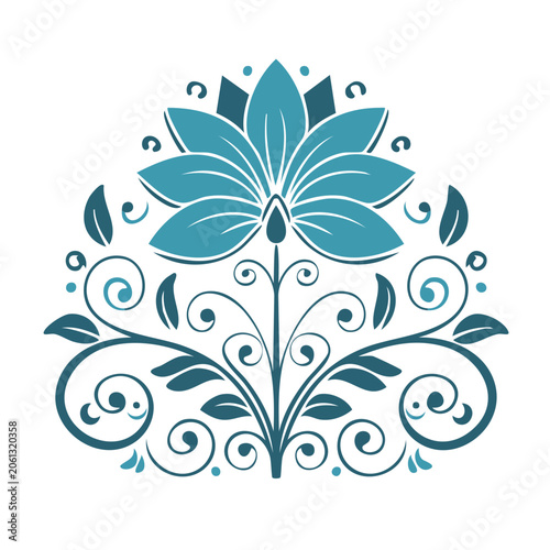 Teal floral ornament with swirls and leaves