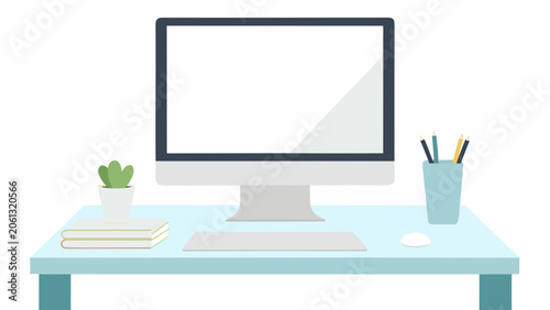 Принти на полотні Desktop computer setup with books plant and writing tools vector illustration