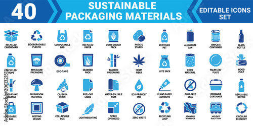 Obraz na płótnie Sustainable packaging materials icon set 40 editable vector illustrations for ec