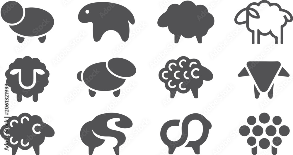Obraz premium Set of twelve stylized sheep icons on transparent background diverse animal silhouettes representing farm animals and sheep breeds in cartoon style.