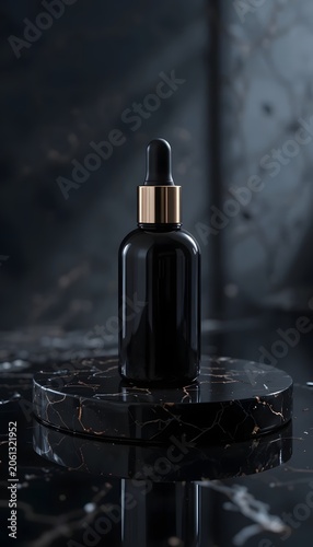 Black glass dropper bottle on marble stand, dark background