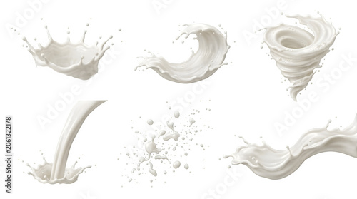 Set of milk splashes and pouring liquid isolated on transparent background