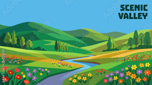 Scenic summer valley with rolling hills green fields colorful flowers and clear blue sky
