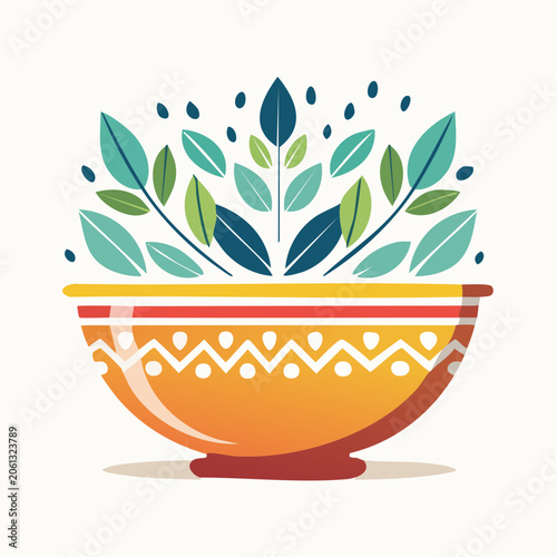 Stylized Bowl with Growing Leaves and Dots