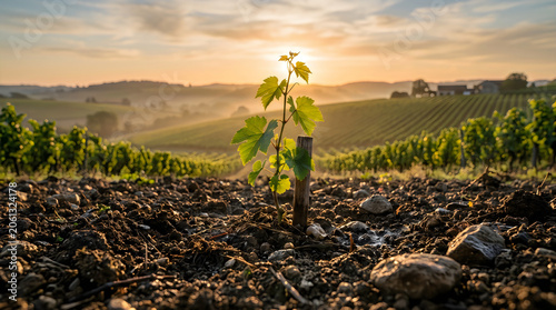 Young Vine Plant Growing in Vineyard at Sunset
