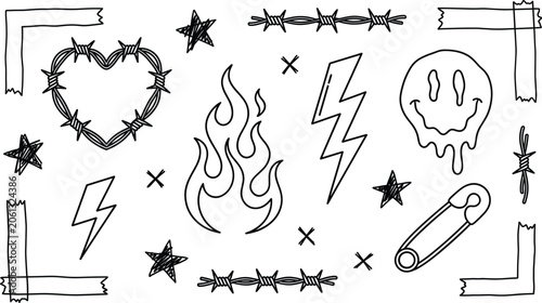 Y2K grunge punk tattoo doodle element set barbed wire heart flame lightning line art vectors