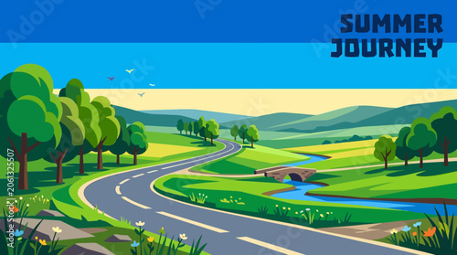 Summer countryside road passing through green meadows trees and beautiful rural landscape