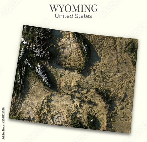 Wyoming shaded relief map, 3D terrain map illustration of Wyoming, United States, hillshaded physical geography.