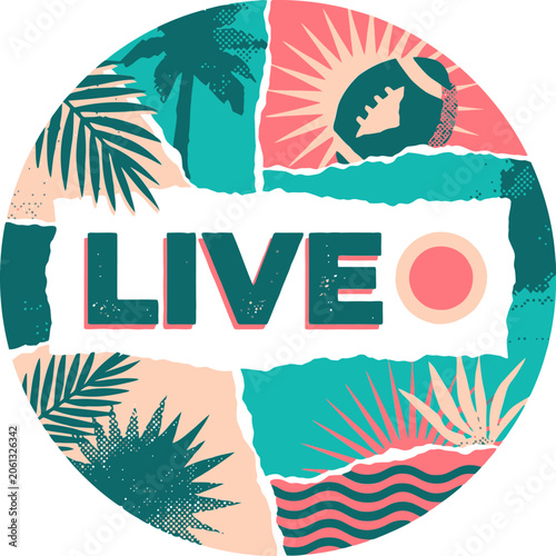 Vászonkép Retro live sports broadcast badge, tropical summer football event logo, vintage