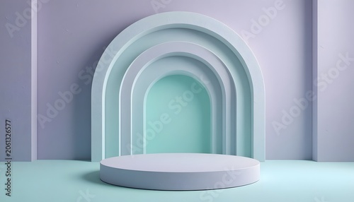 Minimalist interior design with pastel archway and podium