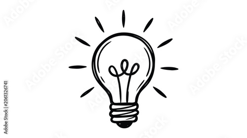 Simple hand drawn light bulb icon featuring a glowing filament design created with thick black ink lines isolated on a clean and plain white background surface