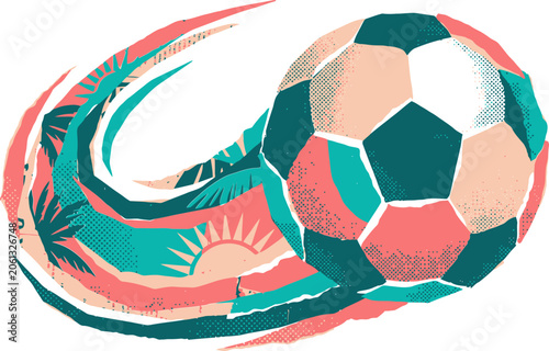 Retro soccer ball vector illustration with tropical palm tree trail, vintage football graphic with summer sunset motion effect, stylized sports icon