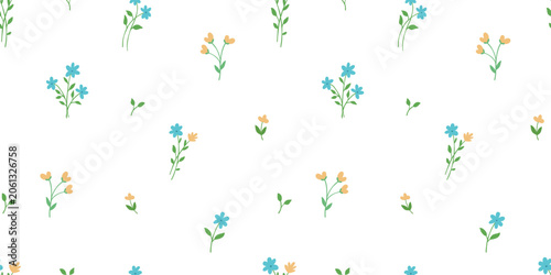Seamless floral pattern with dainty cute spring flowers and leaves, simple vector tiny repeating background
