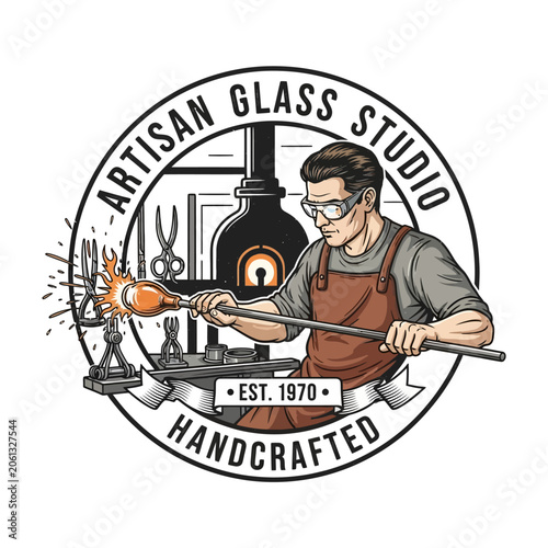 Foto Handcrafted artisan glass studio logo with glassblower at work.