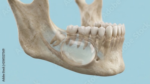 3D Medical Illustration of Human Lower Jaw Anatomy Showing a Dental Cyst and Impacted Tooth in Mandible Bone