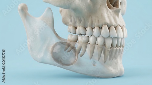 3D medical illustration of a human lower jaw showing a dental cyst in the mandible bone with semi-transparent anatomy