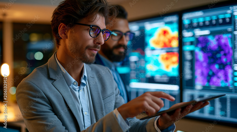 Fototapeta premium Data center analyst reviewing a large dashboard showing server loads and temperature maps, professional control environment, KPI monitoring, server performance, IT operations, cloud